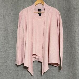 Eileen Fisher Cardigan Tank Top Set Women L Pink V Neck Chevron Knit 100% Linen